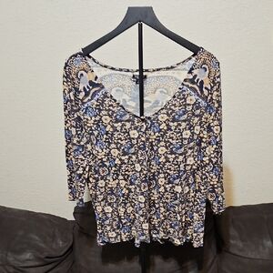 Lucky Brand Blue and Cream Patterned Blouse
